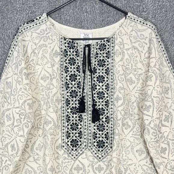 Ivy Jane Blouse Womens M Ivory Black Woven Aztec Southwest Print Boxy Boho Shirt - Picture 2 of 11